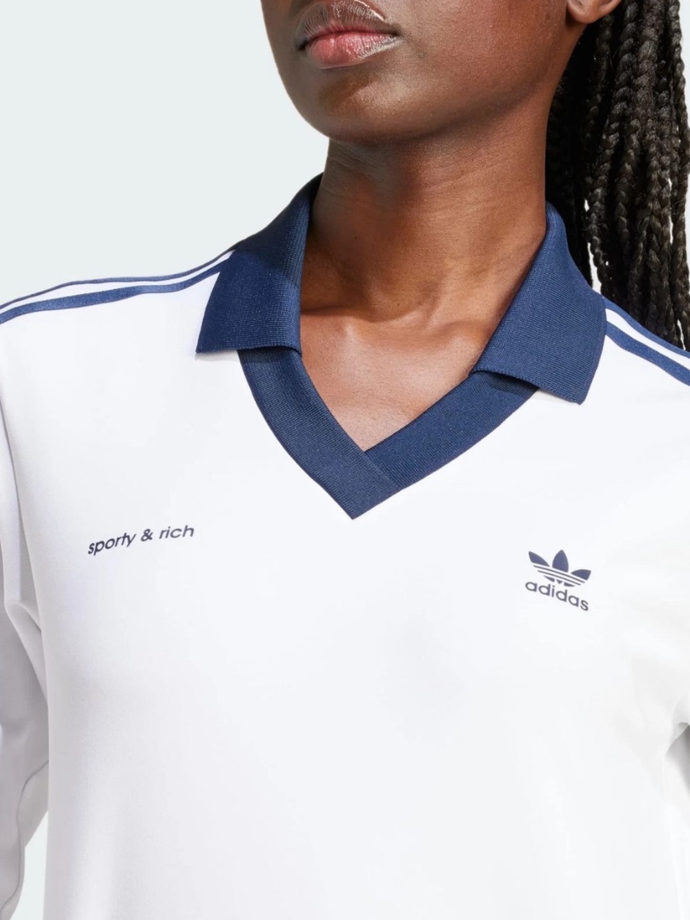Adidas x Sporty & Rich White Long-Sleeve Polo Tee Collar with Navy Trim - Picture 3 of 7